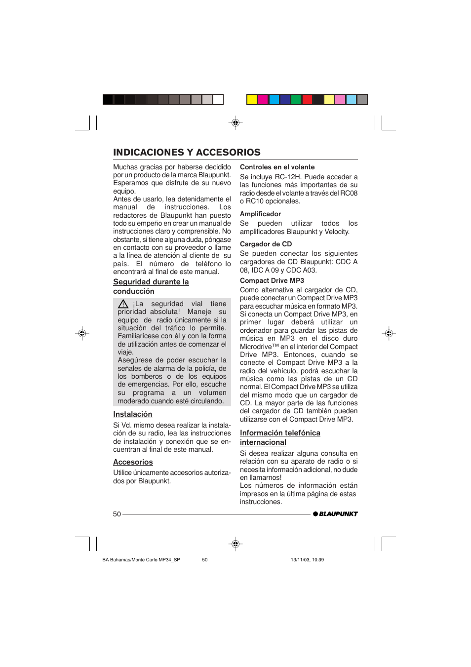 Indicaciones y accesorios | Blaupunkt Bahamas MP34 User Manual | Page 50 / 98