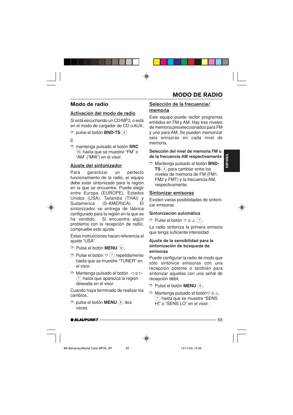 Modo de radio | Blaupunkt Bahamas MP34 User Manual | Page 55 / 98