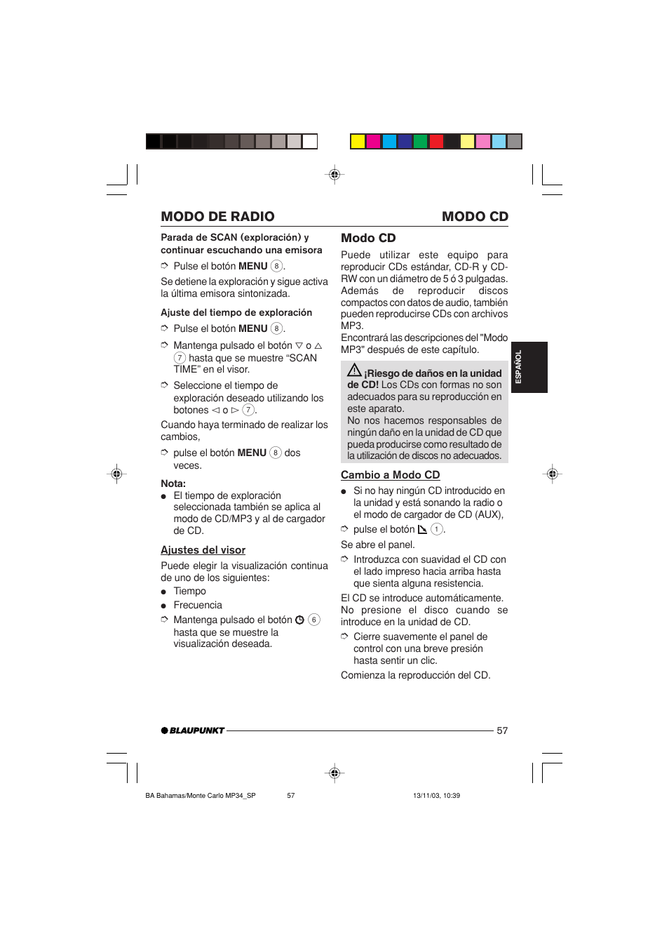 Modo cd modo de radio | Blaupunkt Bahamas MP34 User Manual | Page 57 / 98