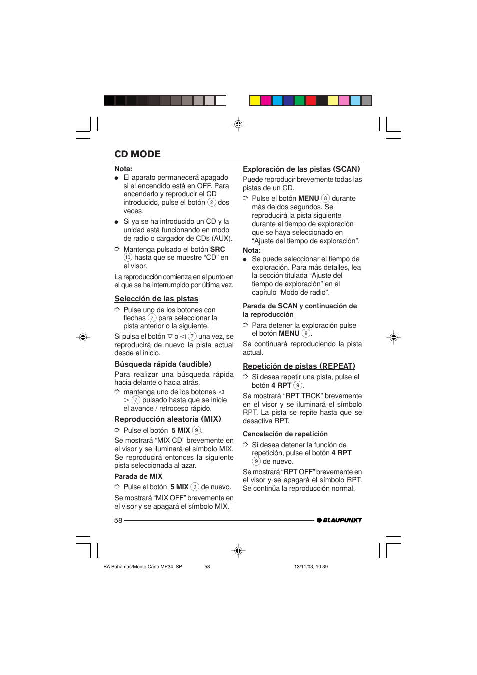 Cd mode | Blaupunkt Bahamas MP34 User Manual | Page 58 / 98