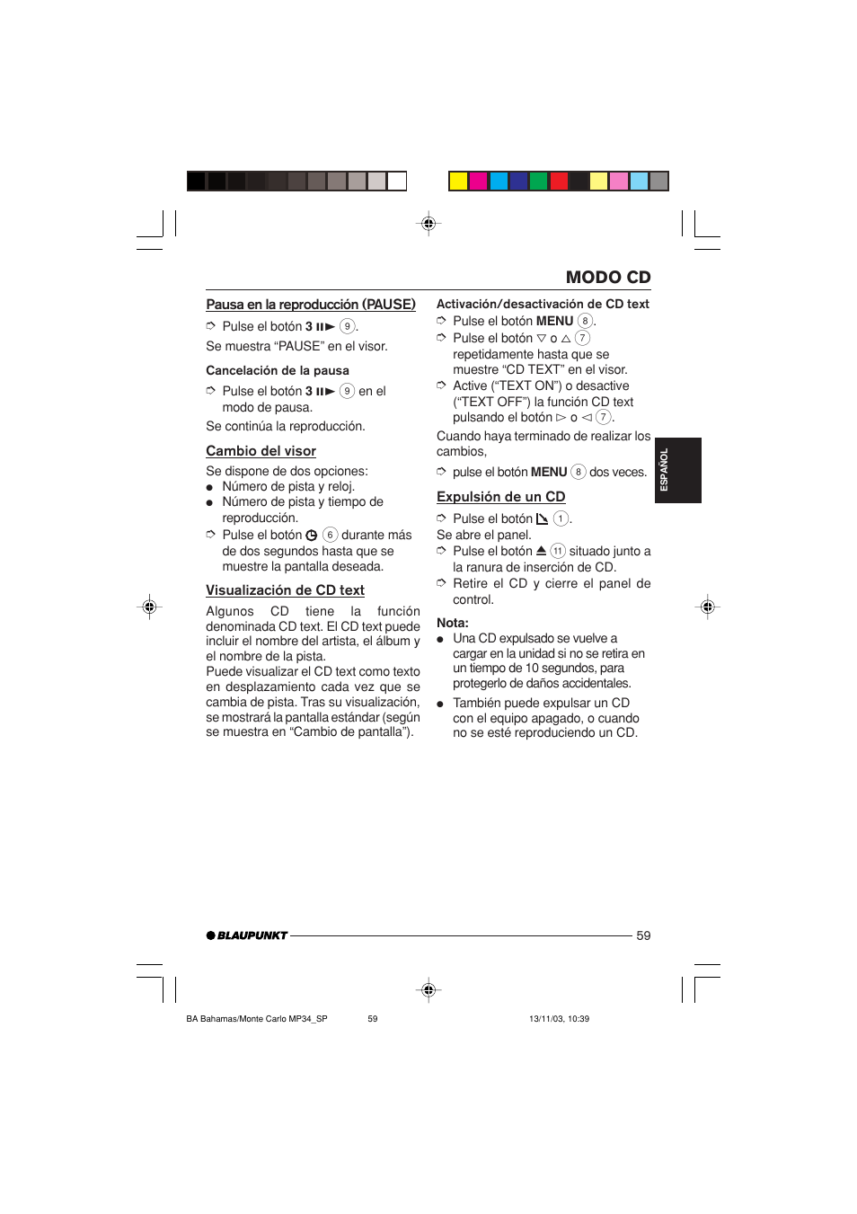 Modo cd | Blaupunkt Bahamas MP34 User Manual | Page 59 / 98