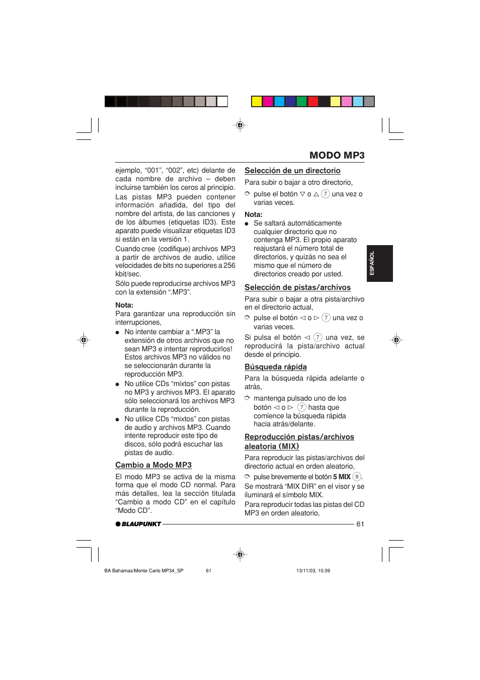 Modo mp3 | Blaupunkt Bahamas MP34 User Manual | Page 61 / 98