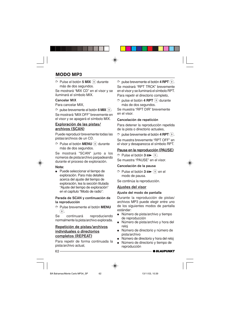 Modo mp3 | Blaupunkt Bahamas MP34 User Manual | Page 62 / 98