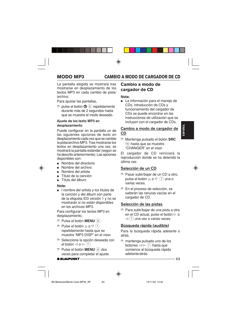 Cambio a modo de cargador de cd, Modo mp3 | Blaupunkt Bahamas MP34 User Manual | Page 63 / 98