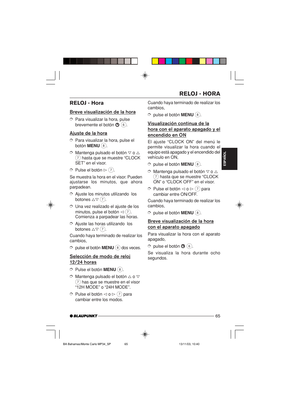 Reloj - hora | Blaupunkt Bahamas MP34 User Manual | Page 65 / 98