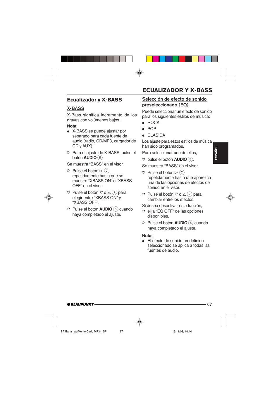 Ecualizador y x-bass | Blaupunkt Bahamas MP34 User Manual | Page 67 / 98