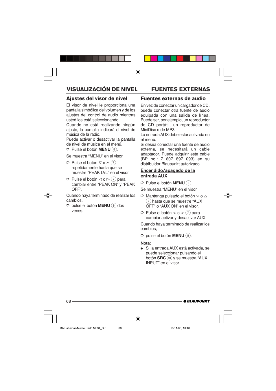 Fuentes externas visualización de nivel | Blaupunkt Bahamas MP34 User Manual | Page 68 / 98
