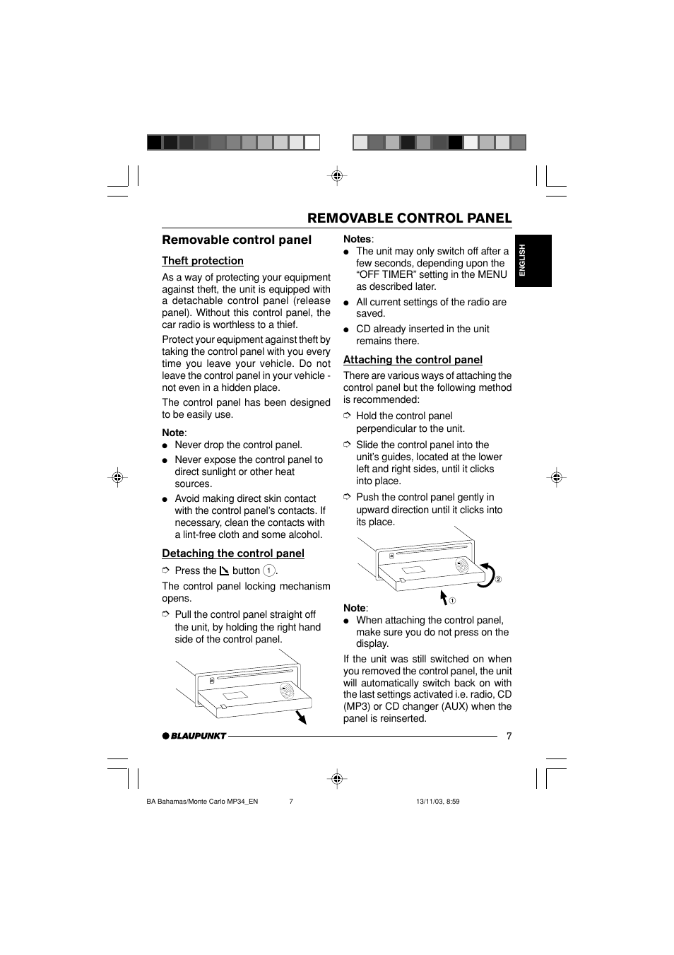 Removable control panel | Blaupunkt Bahamas MP34 User Manual | Page 7 / 98