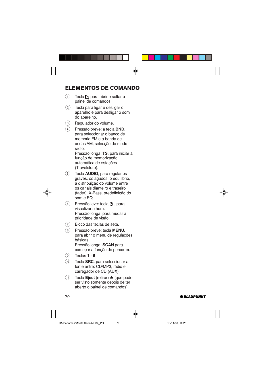 Elementos de comando | Blaupunkt Bahamas MP34 User Manual | Page 70 / 98