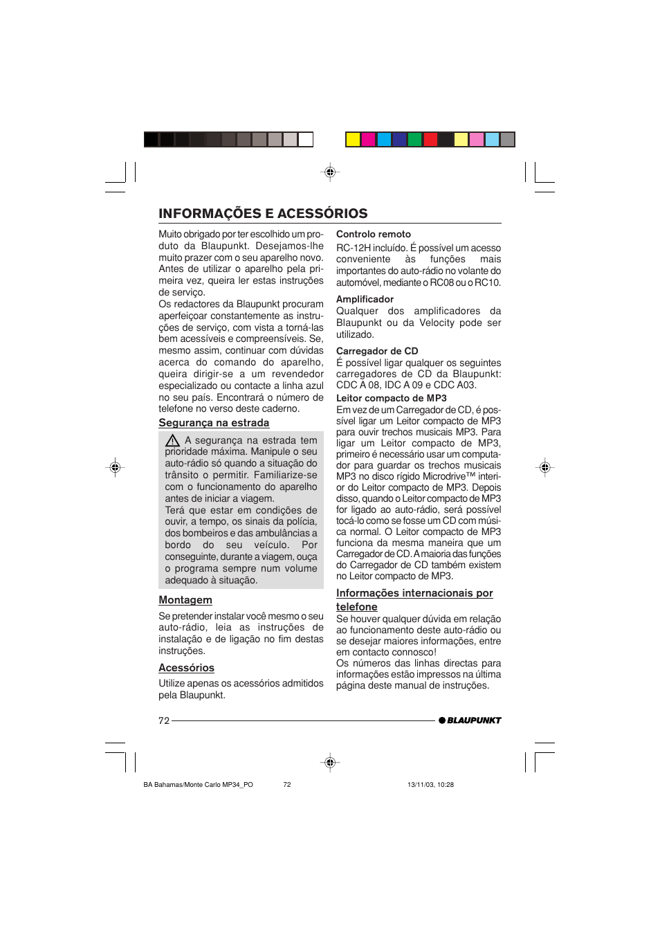 Informações e acessórios | Blaupunkt Bahamas MP34 User Manual | Page 72 / 98