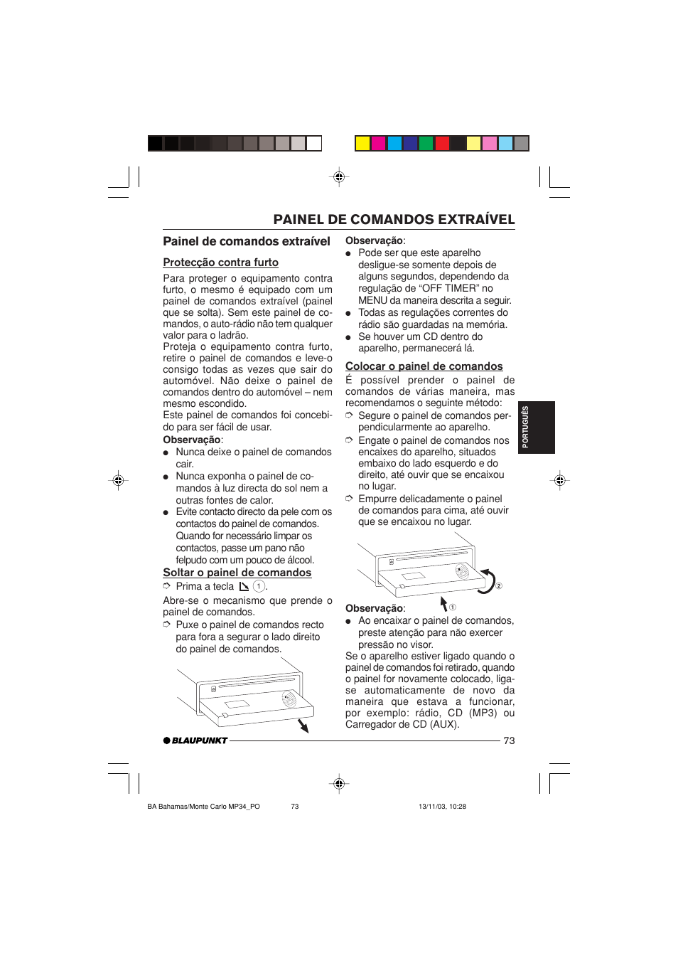 Painel de comandos extraível | Blaupunkt Bahamas MP34 User Manual | Page 73 / 98