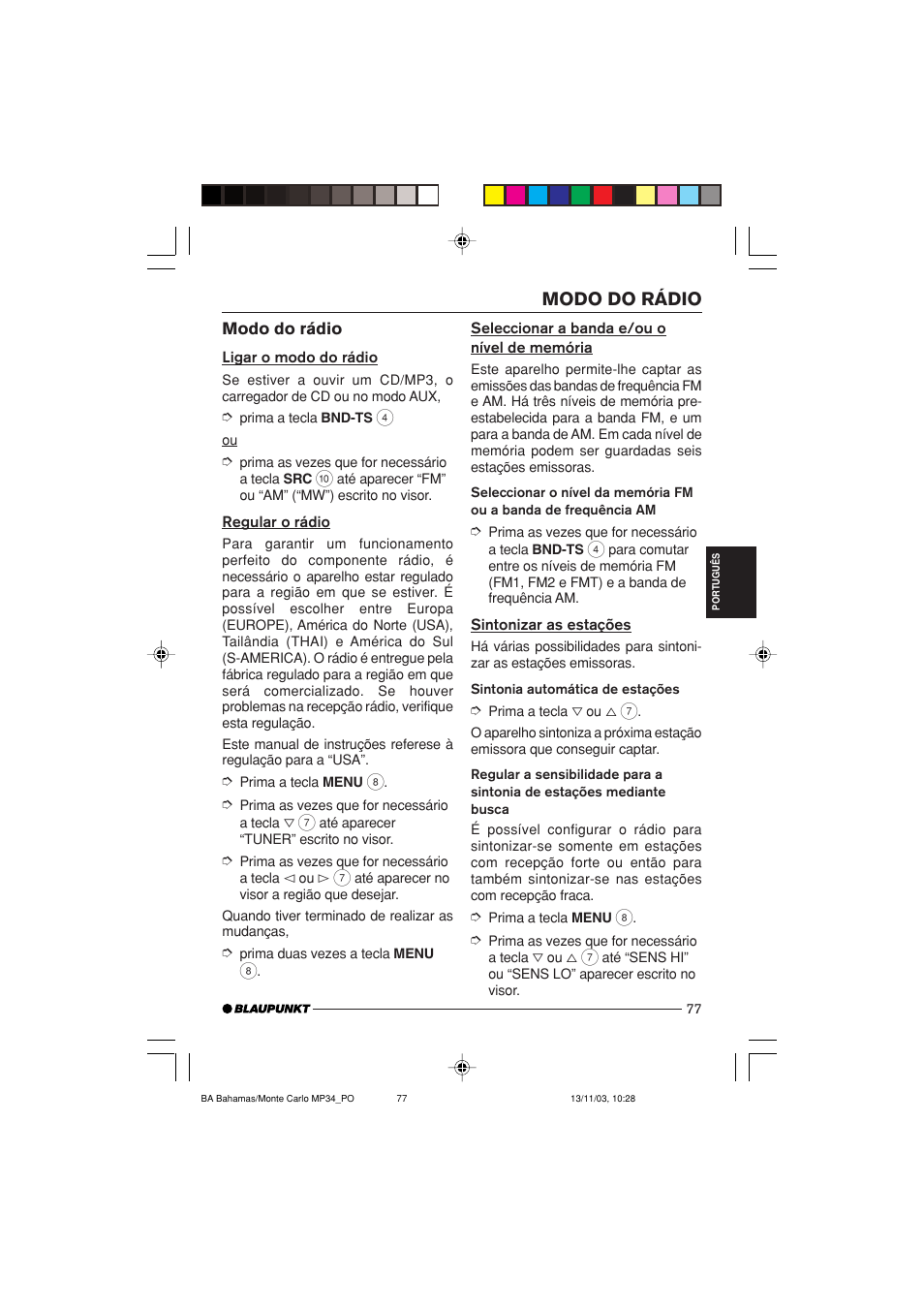 Modo do rádio | Blaupunkt Bahamas MP34 User Manual | Page 77 / 98