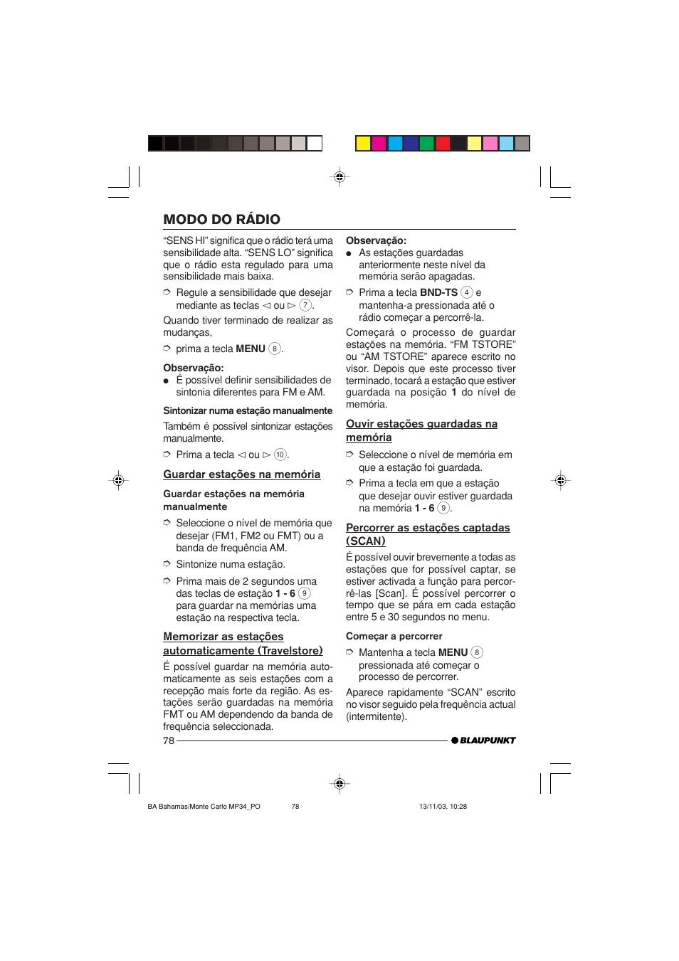 Modo do rádio | Blaupunkt Bahamas MP34 User Manual | Page 78 / 98