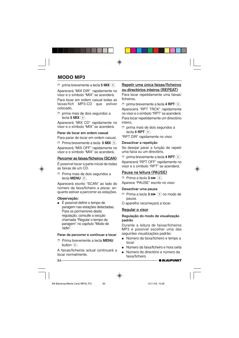 Modo mp3 | Blaupunkt Bahamas MP34 User Manual | Page 84 / 98