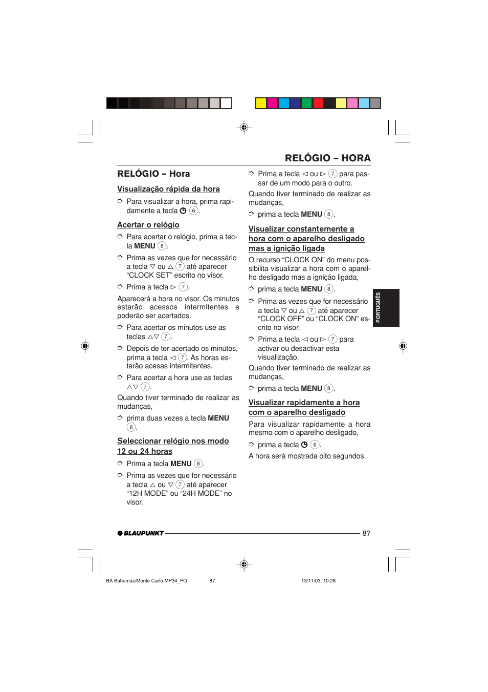 Relógio – hora | Blaupunkt Bahamas MP34 User Manual | Page 87 / 98