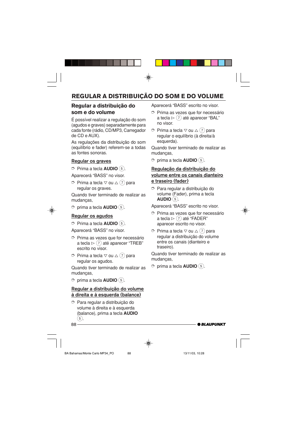 Regular a distribuição do som e do volume | Blaupunkt Bahamas MP34 User Manual | Page 88 / 98