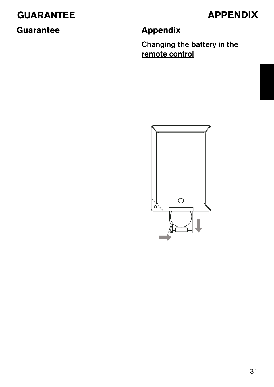 Appendix, Guarantee, Changing the battery in the remote control | Blaupunkt IVMR-7001 User Manual | Page 16 / 17