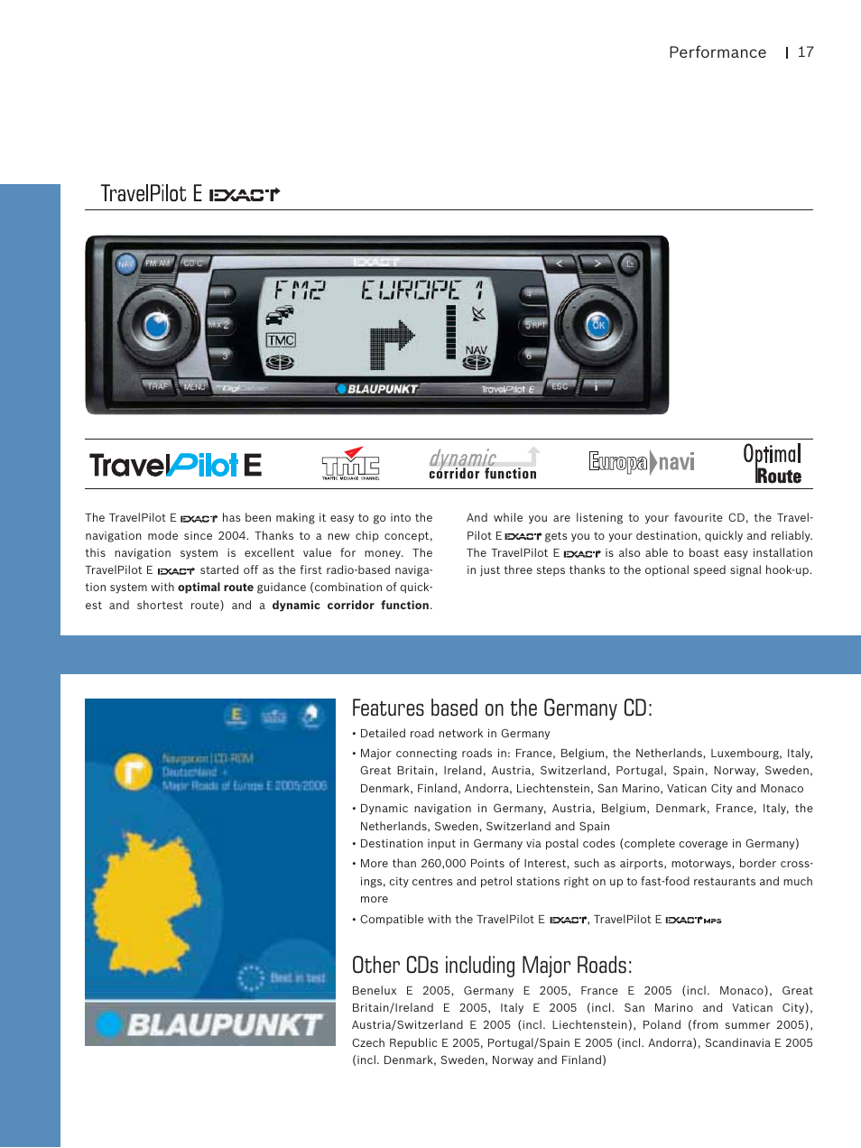 Other cds including major roads, Features based on the germany cd, Performance | Blaupunkt Car Multimedia User Manual | Page 17 / 92