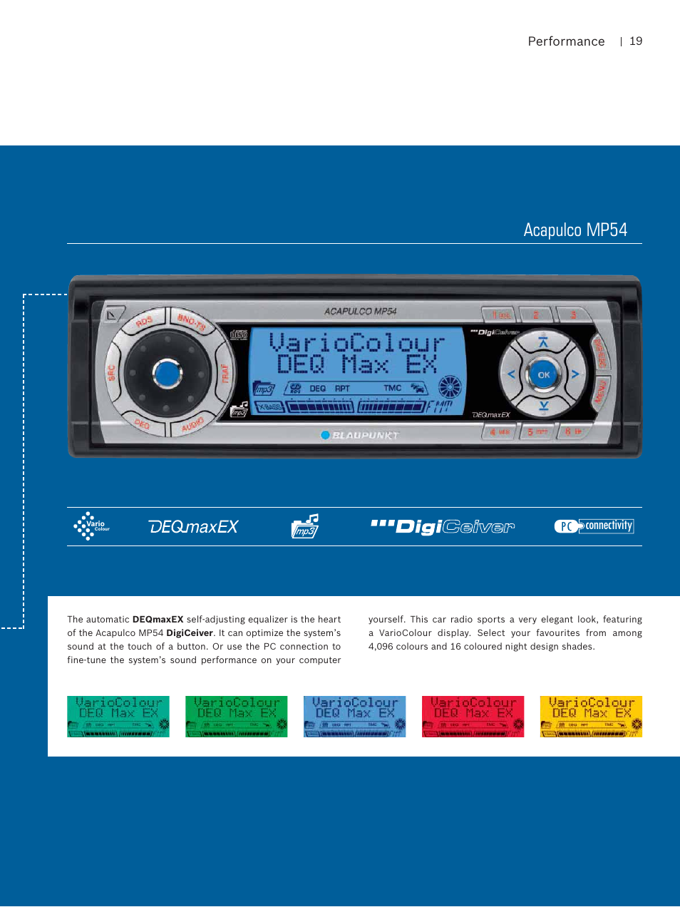 Acapulco mp54, Performance, Connectivity | Blaupunkt Car Multimedia User Manual | Page 19 / 92