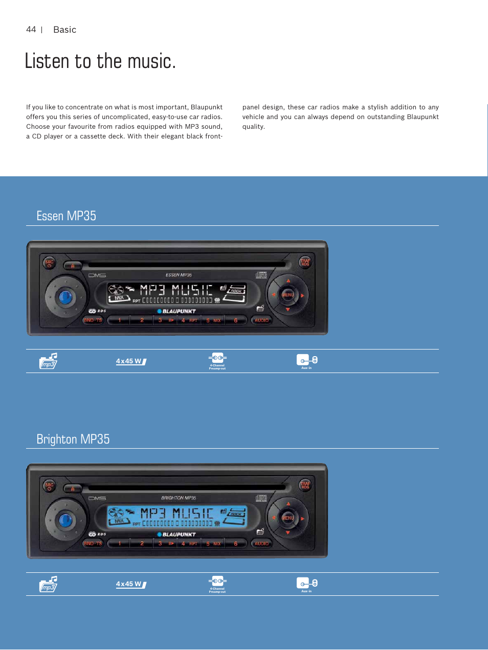 Listen to the music, Essen mp35 brighton mp35, Basic | Blaupunkt Car Multimedia User Manual | Page 44 / 92