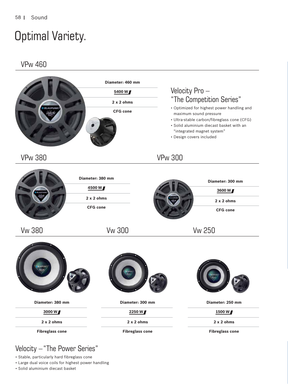 Optimal variety, Velocity pro – “the competition series, Velocity – “the power series | Vpw 460 | Blaupunkt Car Multimedia User Manual | Page 58 / 92