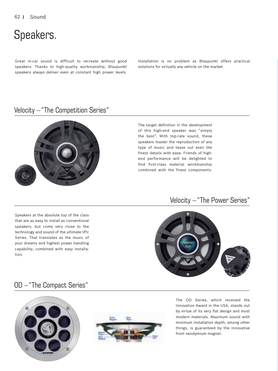 Speakers, Velocity – “the competition series, Velocity – “the power series | Od – “the compact series | Blaupunkt Car Multimedia User Manual | Page 62 / 92