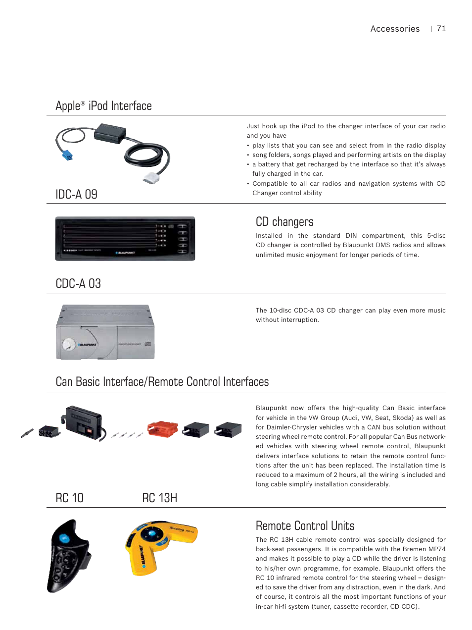 Cd changers, Idc-a 09 cdc-a 03, Apple | Ipod interface remote control units, Rc 10, Can basic interface/remote control interfaces, Rc 13h | Blaupunkt Car Multimedia User Manual | Page 71 / 92