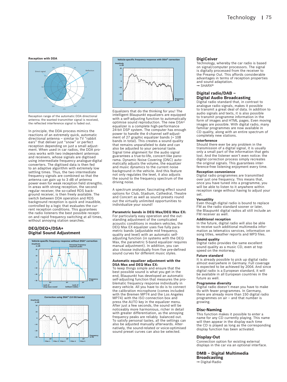 Technology, Digiceiver, Digital radio/dab – digital audio broadcasting | Disc-naming, Display-out, Dmb – digital multimedia broadcasting, Deq/deq+/dsa+ digital sound adjustment | Blaupunkt Car Multimedia User Manual | Page 75 / 92