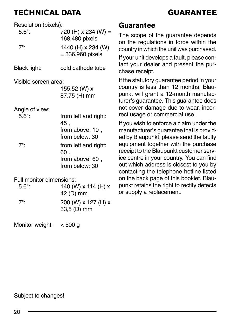 Technical data, Guarantee | Blaupunkt 7" IVMS-7001 User Manual | Page 10 / 11