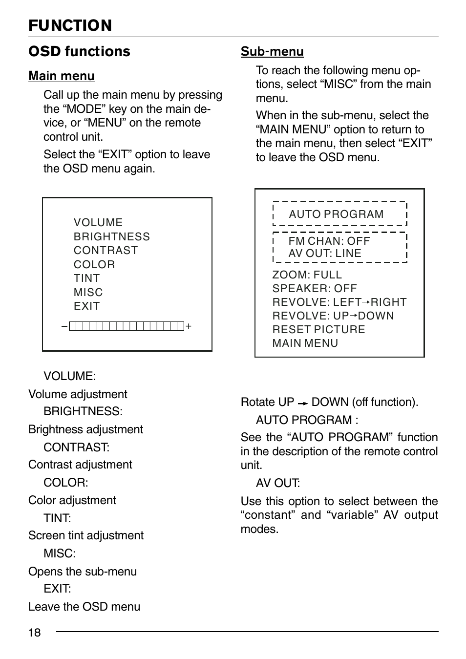 Function, Osd functions, Main menu | Sub-menu | Blaupunkt 7" IVMS-7001 User Manual | Page 8 / 11