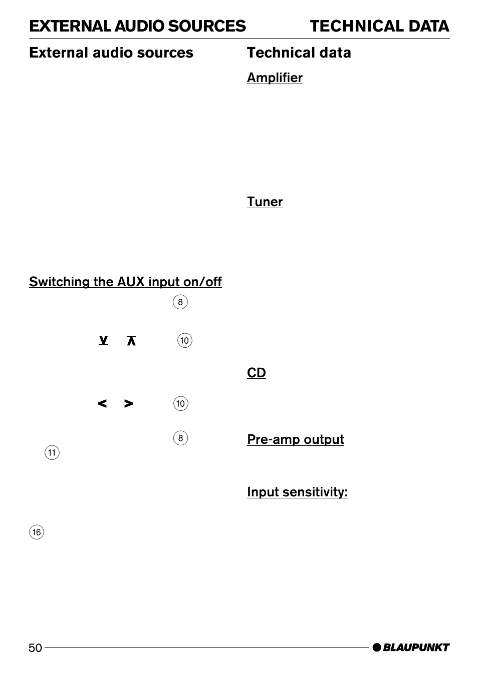 Technical data, External audio sources | Blaupunkt Wiesbaden CD51 User Manual | Page 25 / 26