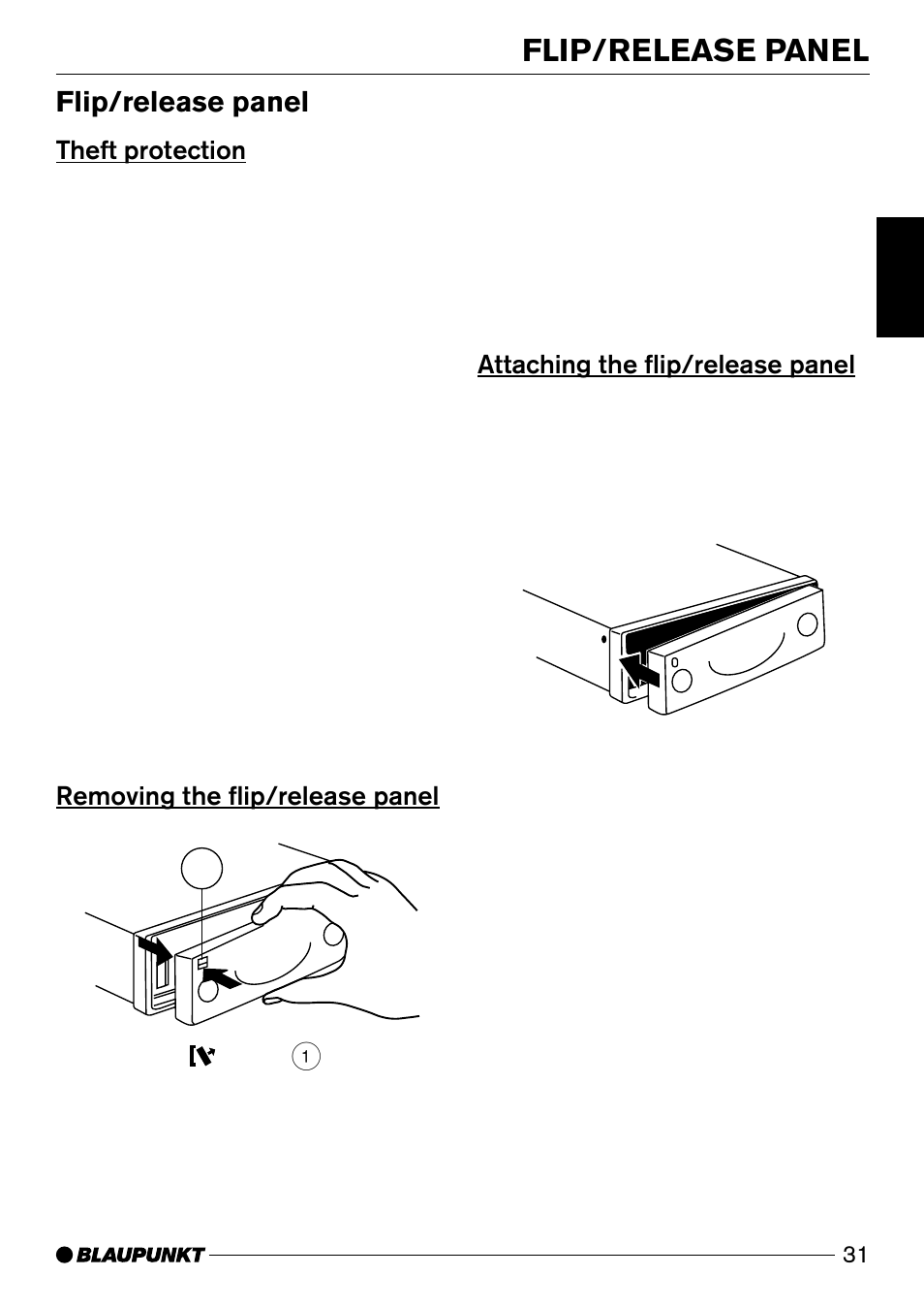 Flip/release panel, Theft protection, Removing the flip/release panel 1 | Attaching the flip/release panel | Blaupunkt Wiesbaden CD51 User Manual | Page 6 / 26