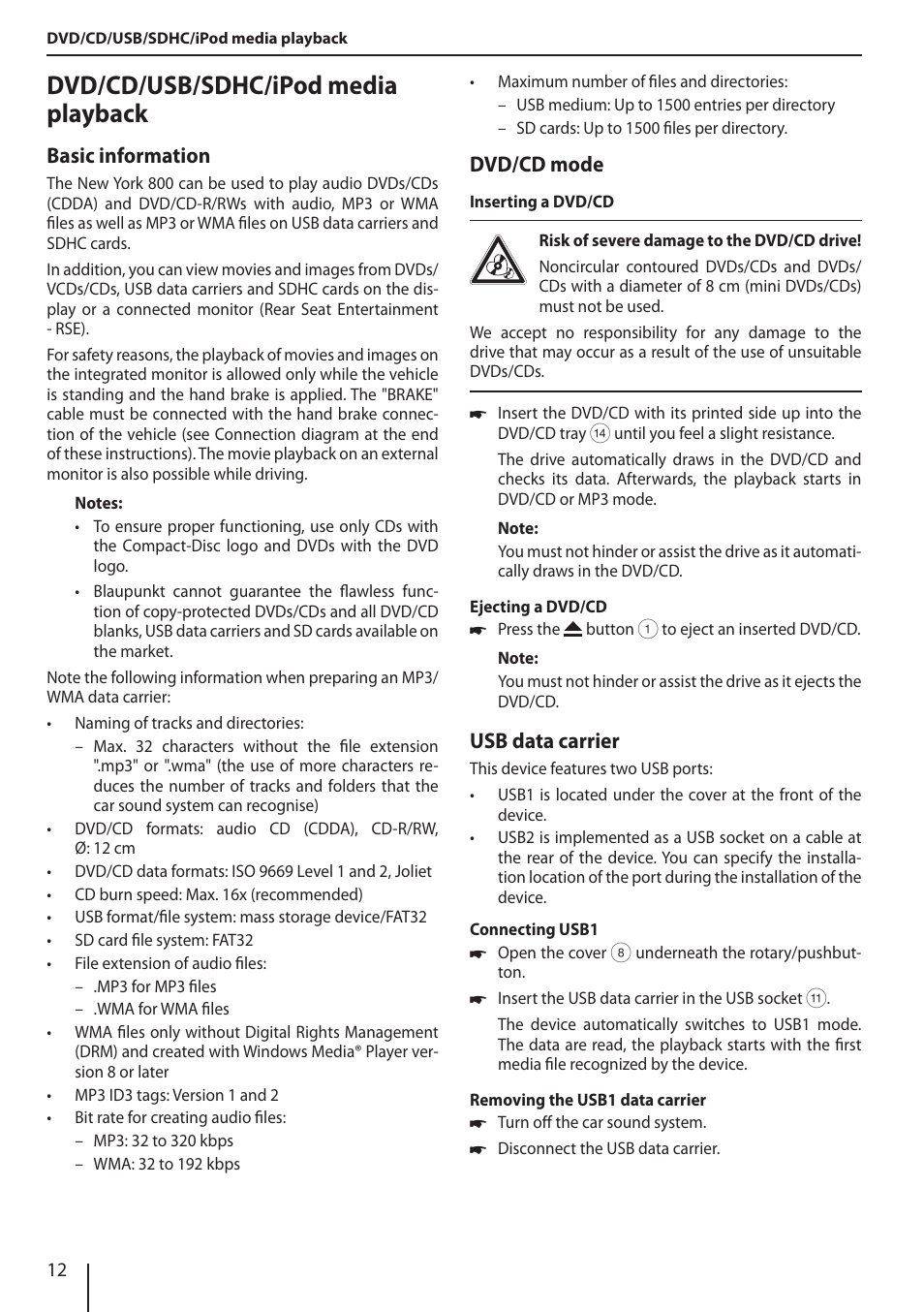 Dvd/cd/usb/sdhc/ipod media playback, Basic information, Dvd/cd mode | Usb data carrier | Blaupunkt NEW YORK 800 User Manual | Page 12 / 24
