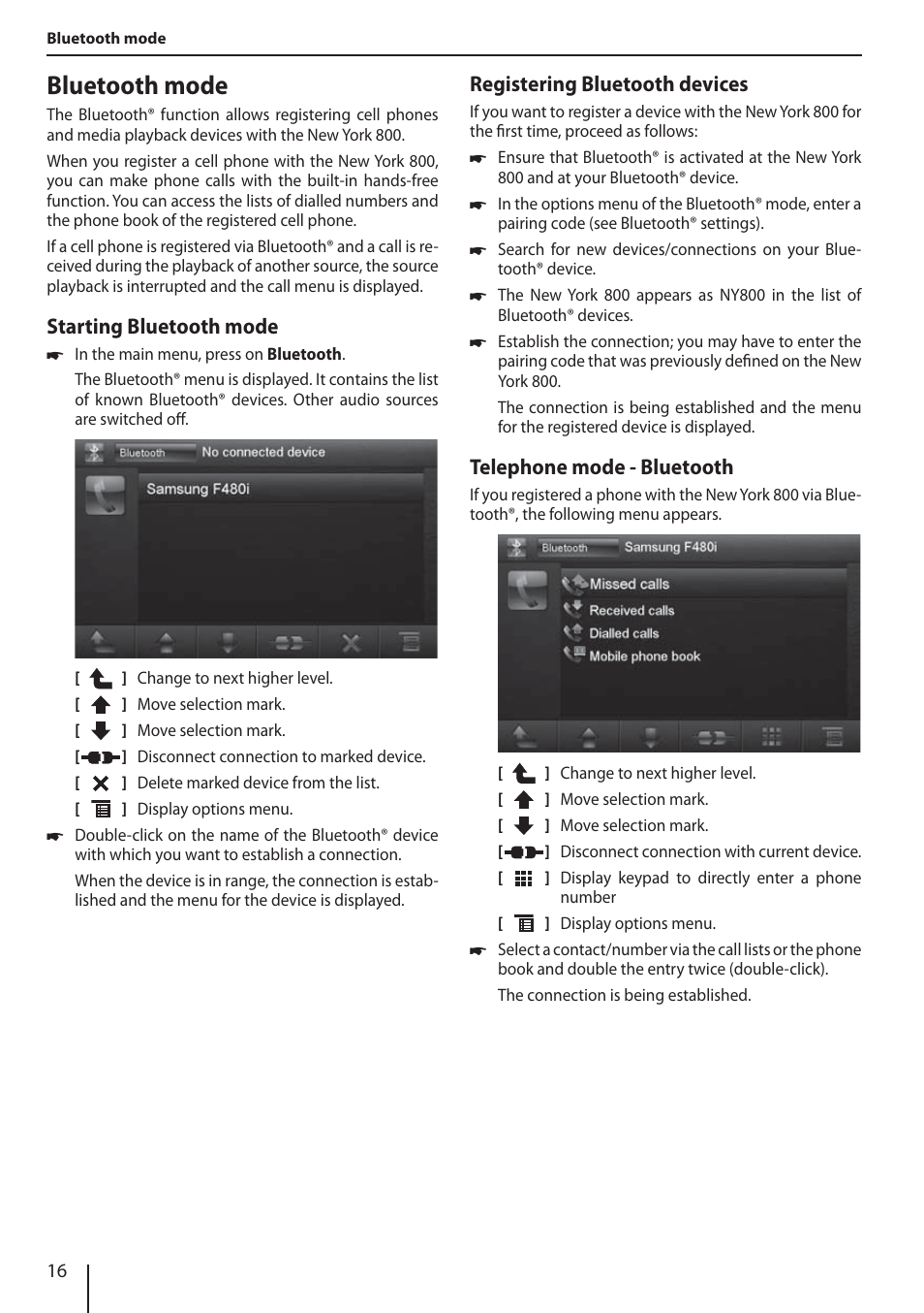 Bluetooth mode, Starting bluetooth mode, Registering bluetooth devices | Telephone mode - bluetooth | Blaupunkt NEW YORK 800 User Manual | Page 16 / 24