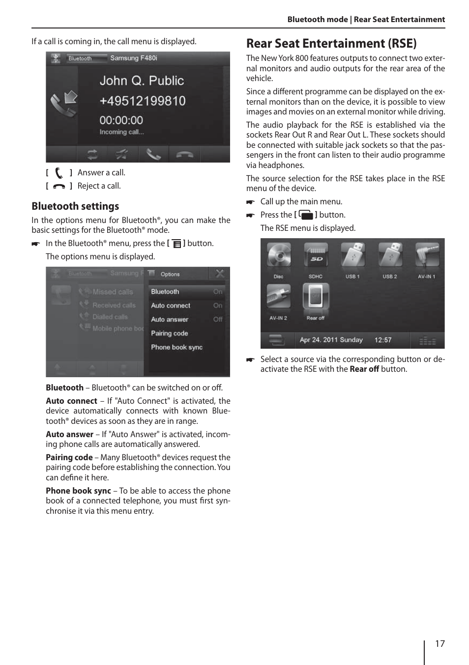 Rear seat entertainment (rse), Bluetooth settings | Blaupunkt NEW YORK 800 User Manual | Page 17 / 24