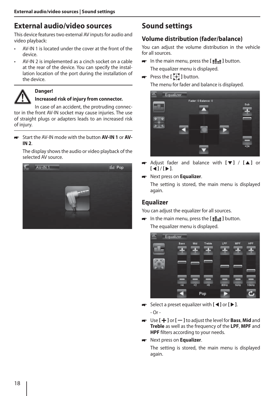External audio/video sources, Sound settings | Blaupunkt NEW YORK 800 User Manual | Page 18 / 24