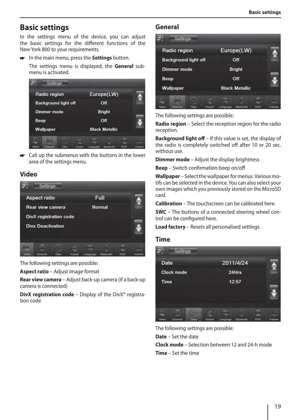 Basic settings | Blaupunkt NEW YORK 800 User Manual | Page 19 / 24