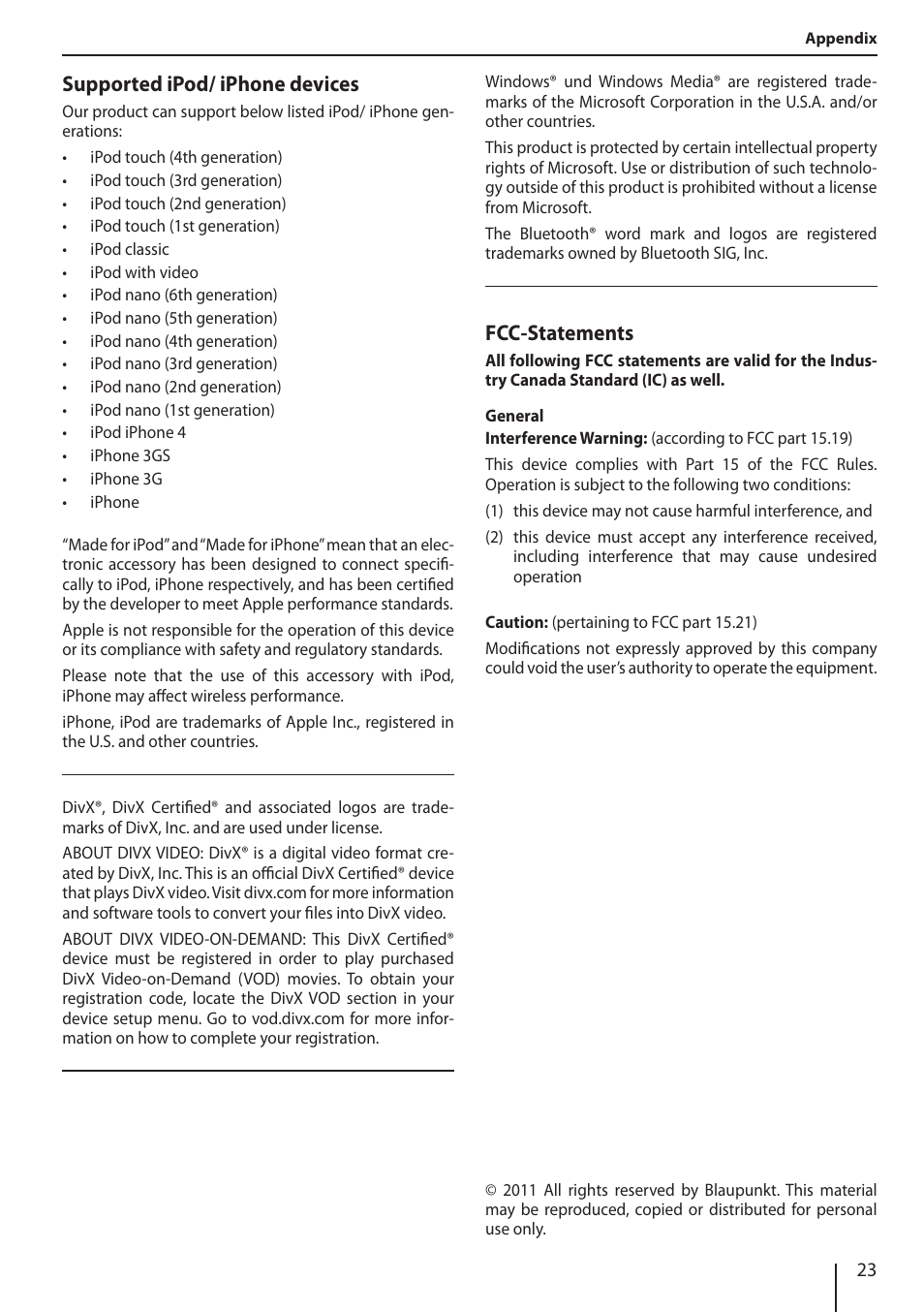 Supported ipod/ iphone devices, Fcc-statements | Blaupunkt NEW YORK 800 User Manual | Page 23 / 24