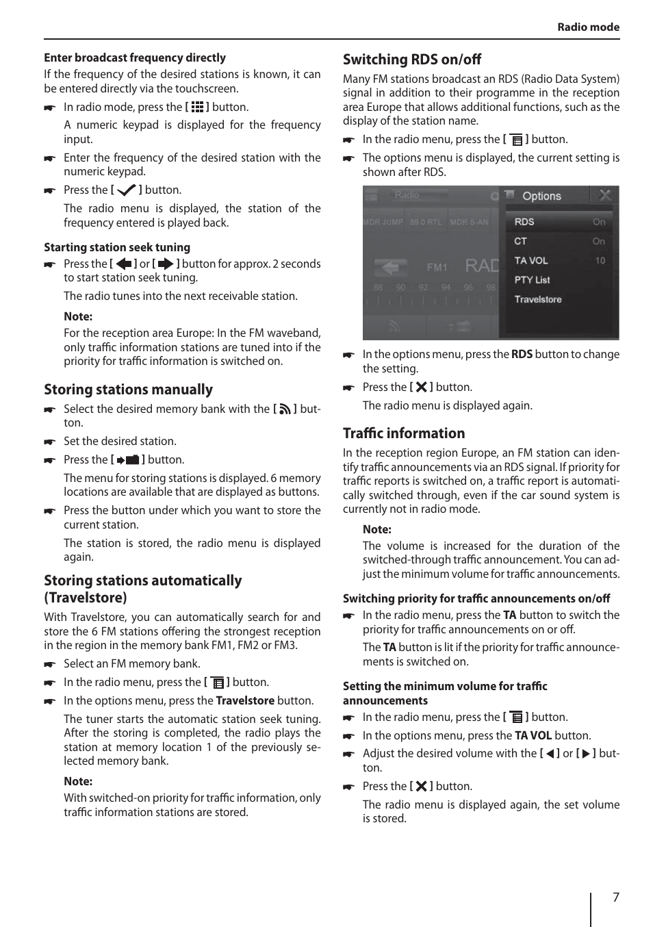 Storing stations manually, Storing stations automatically (travelstore), Switching rds on/off | Traffi c information | Blaupunkt NEW YORK 800 User Manual | Page 7 / 24