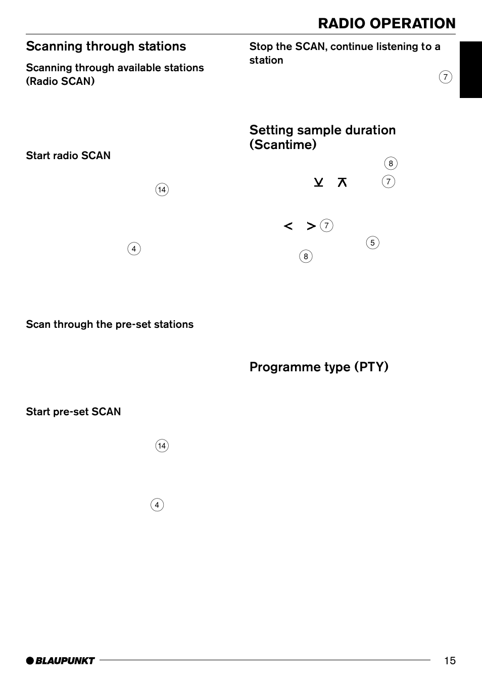 Radio operation, Scanning through stations, Setting sample duration (scantime) | Programme type (pty) | Blaupunkt MP71 User Manual | Page 15 / 31