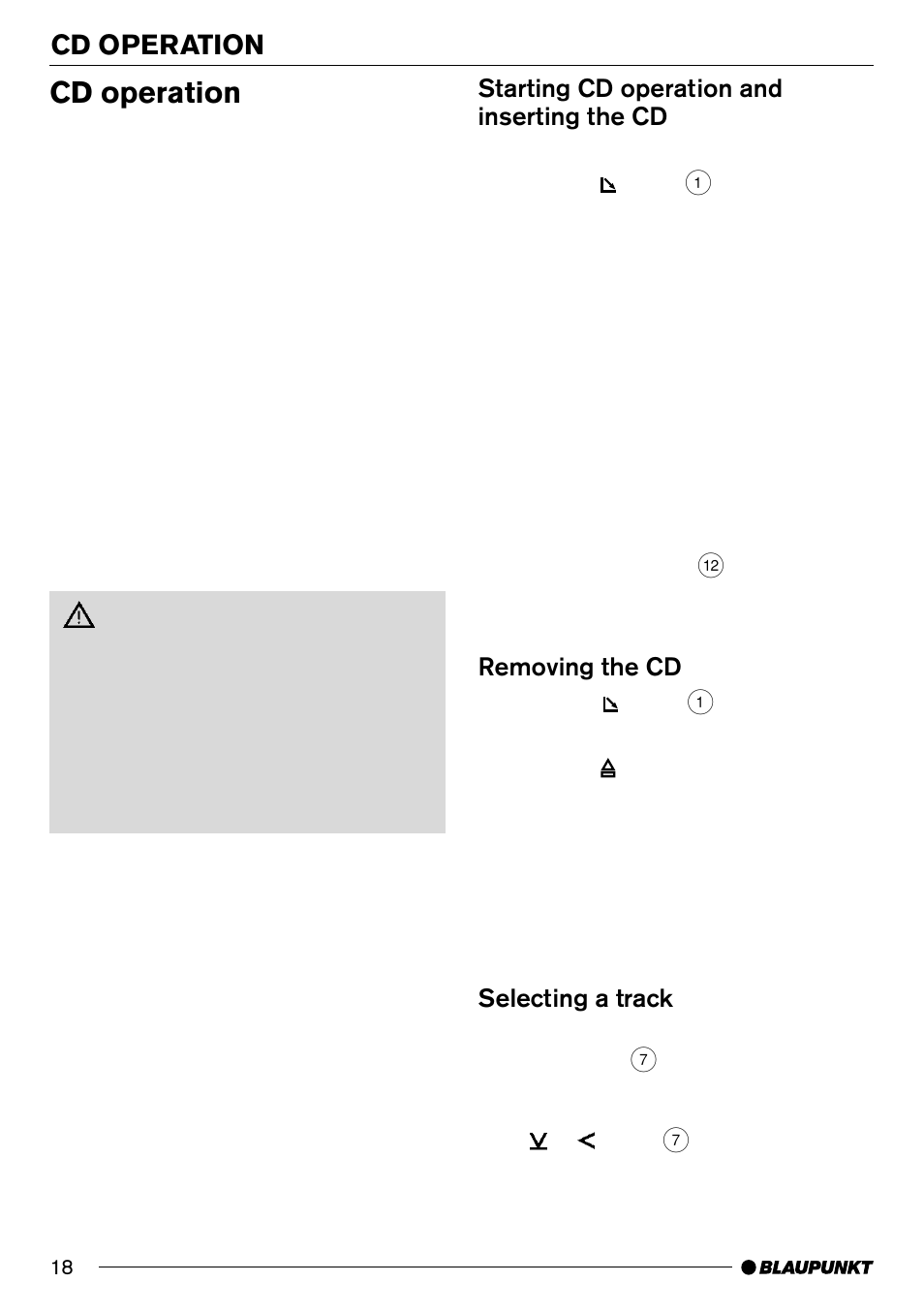 Cd operation, Starting cd operation and inserting the cd, Removing the cd | Selecting a track | Blaupunkt MP71 User Manual | Page 18 / 31