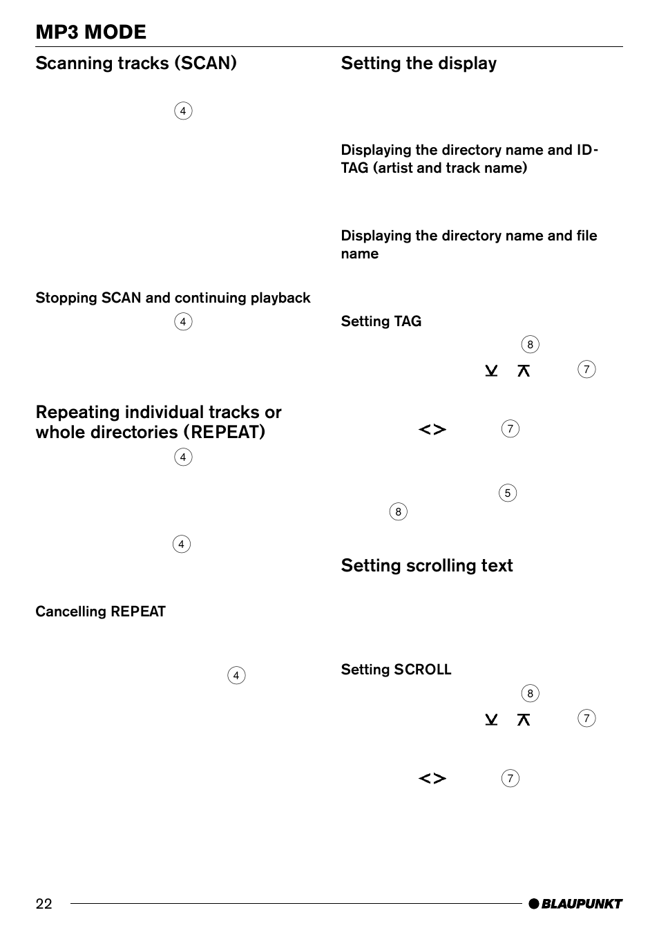 Mp3 mode, Scanning tracks (scan), Setting the display | Setting scrolling text | Blaupunkt MP71 User Manual | Page 22 / 31