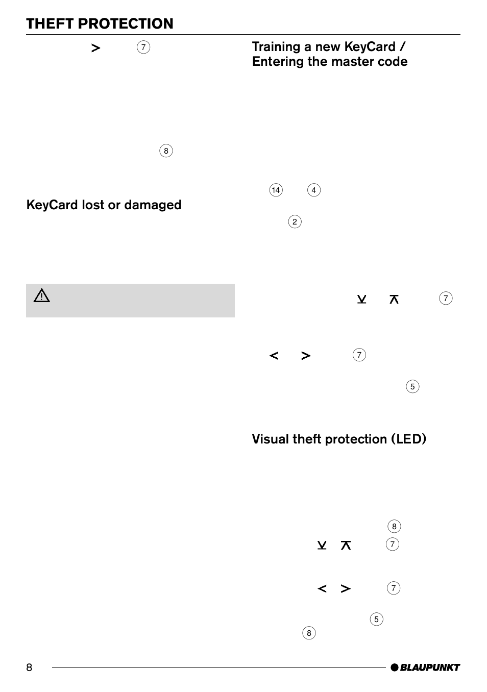 Theft protection, Keycard lost or damaged, Training a new keycard / entering the master code | Visual theft protection (led) | Blaupunkt MP71 User Manual | Page 8 / 31