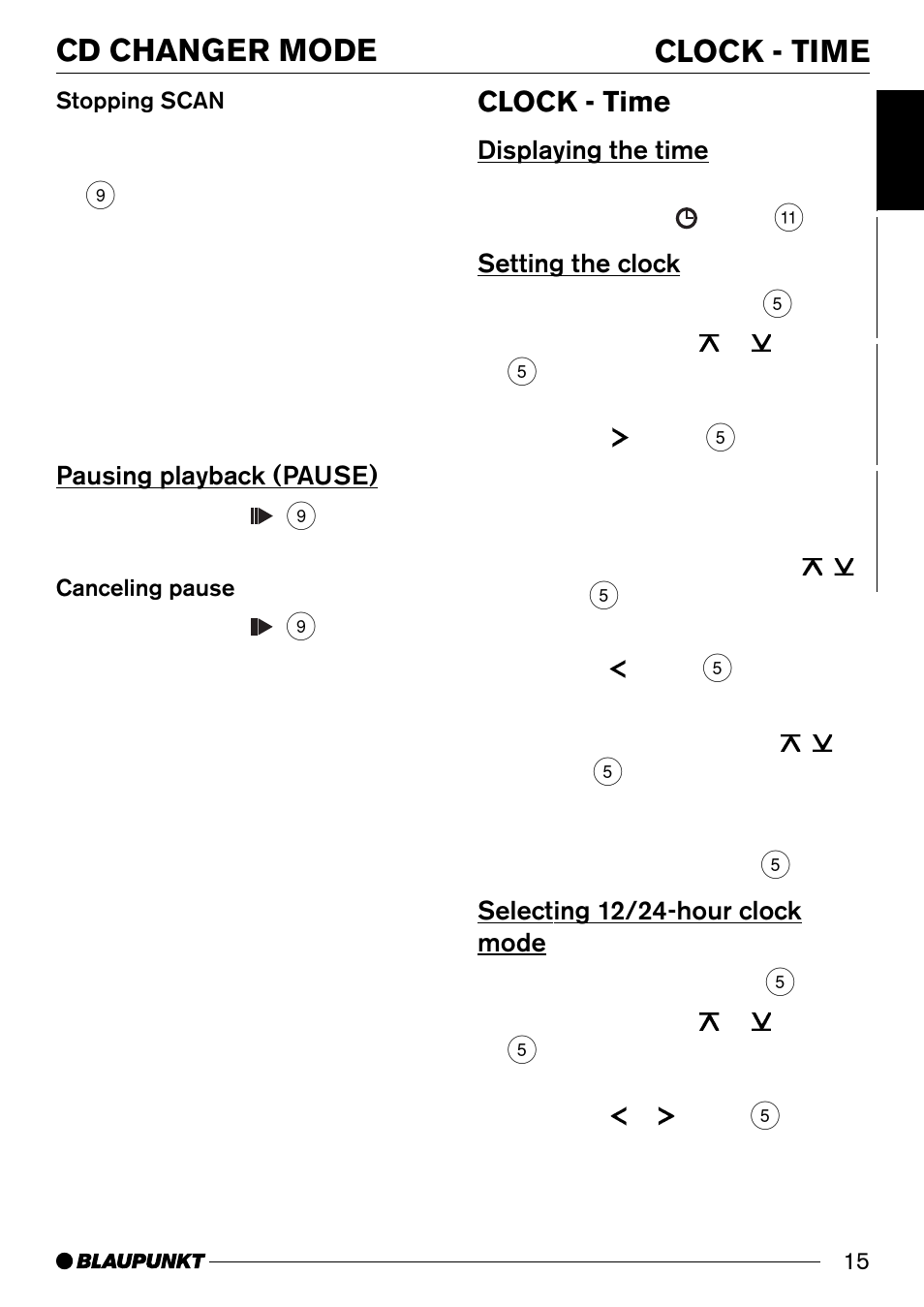 Cd changer mode clock - time, Clock - time | Blaupunkt CD32 User Manual | Page 15 / 26