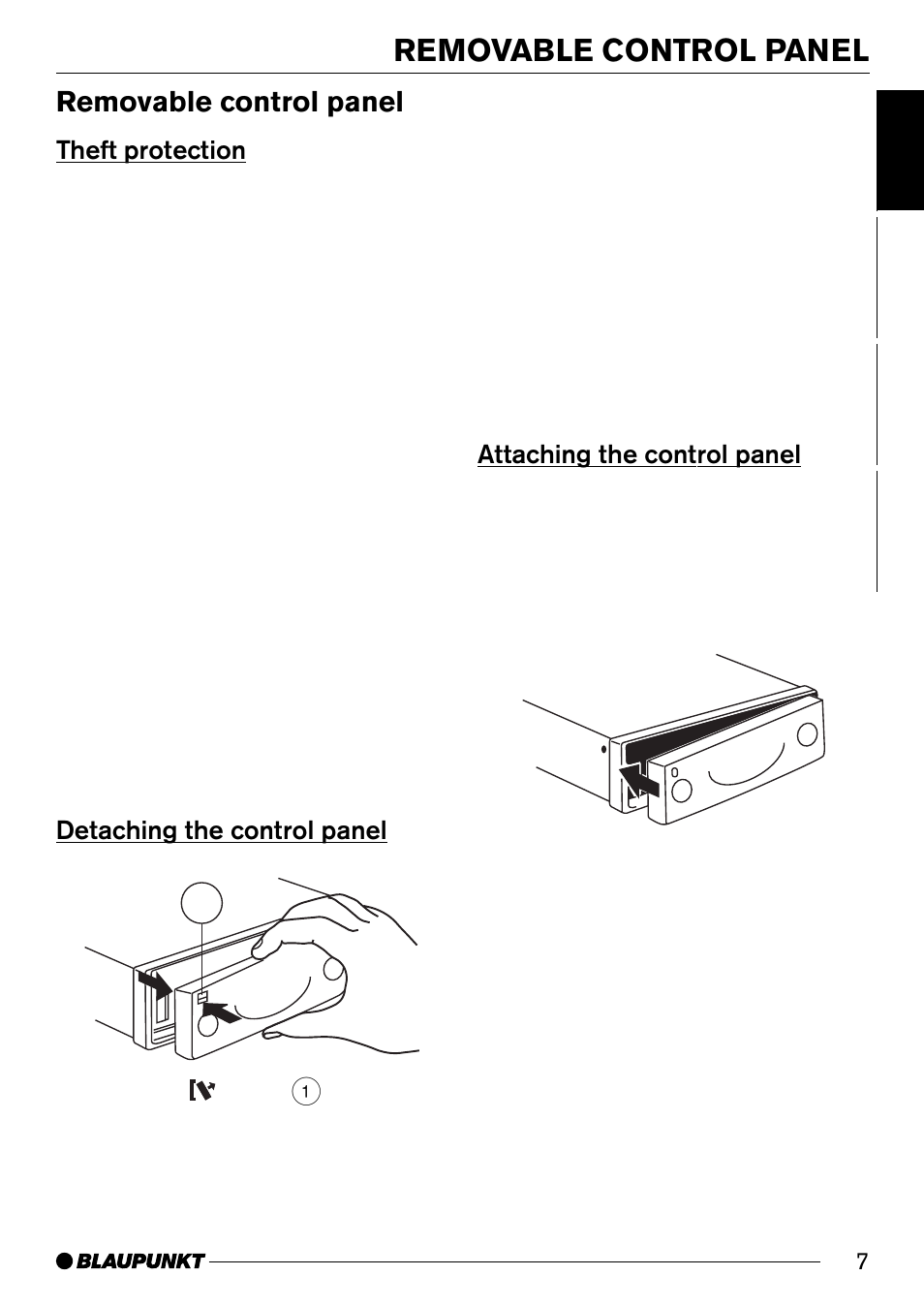 Removable control panel, Theft protection, Detaching the control panel 1 | Attaching the control panel | Blaupunkt CD32 User Manual | Page 7 / 26