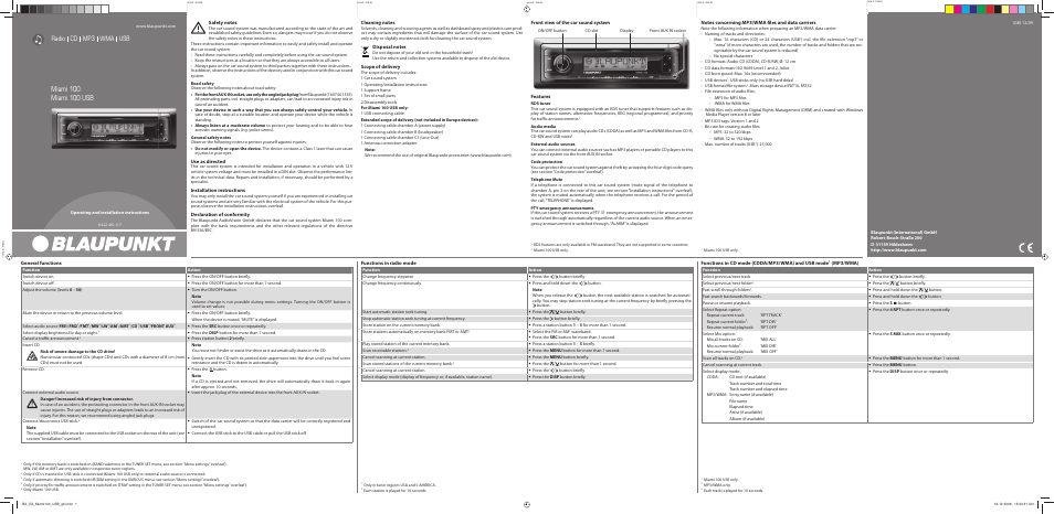 Blaupunkt MIAMI 100 User Manual | 2 pages