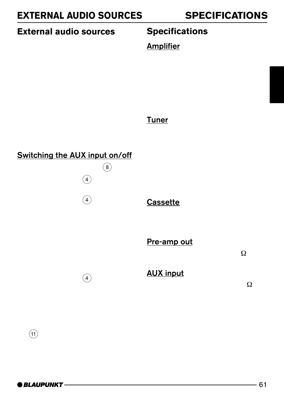 External audio sources specifications, External audio sources, Specifications | Blaupunkt Arizona DJ73 User Manual | Page 32 / 33