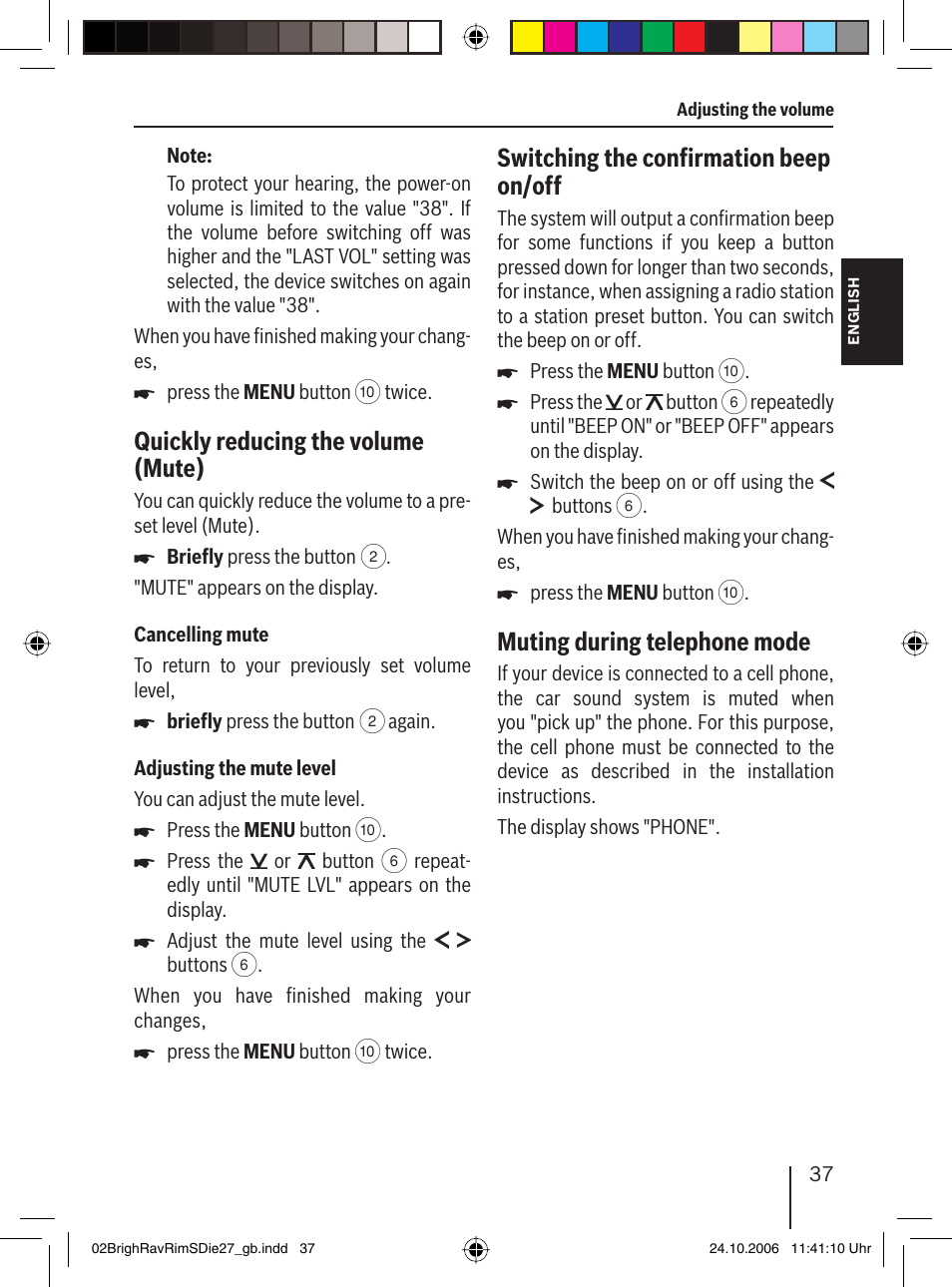 Quickly reducing the volume (mute), Switching the conﬁ rmation beep on/off, Muting during telephone mode | Blaupunkt BRIGHTON MP27 User Manual | Page 10 / 30