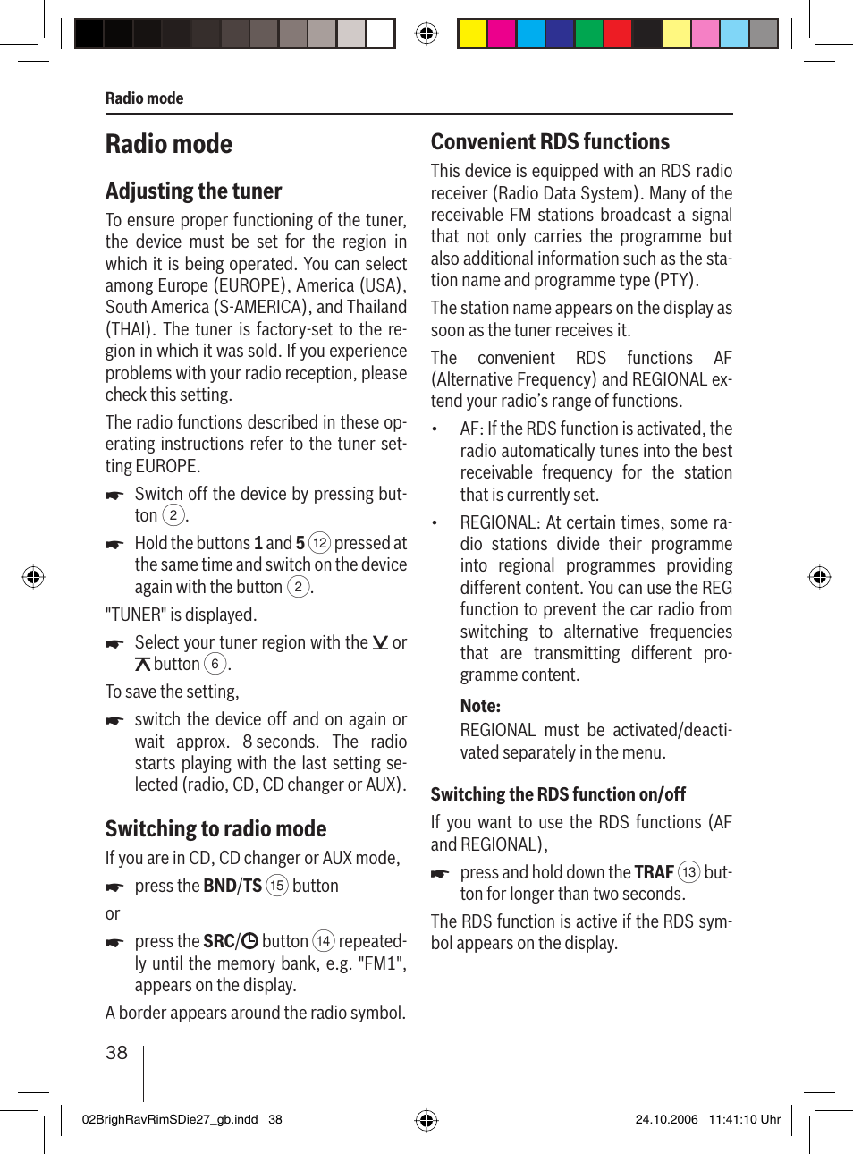 Radio mode, Adjusting the tuner, Switching to radio mode | Convenient rds functions | Blaupunkt BRIGHTON MP27 User Manual | Page 11 / 30