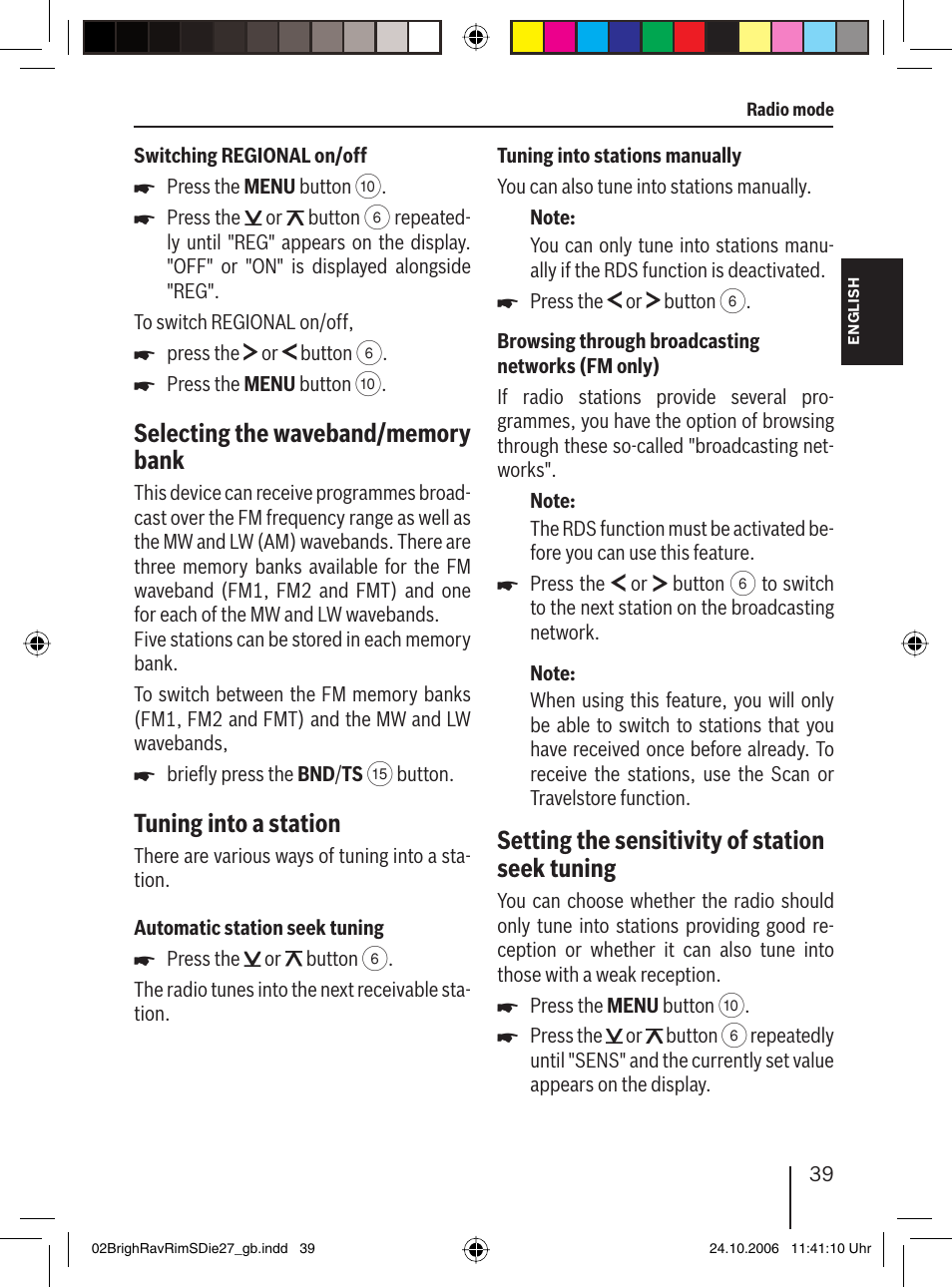 Tuning into a station, Setting the sensitivity of station seek tuning | Blaupunkt BRIGHTON MP27 User Manual | Page 12 / 30